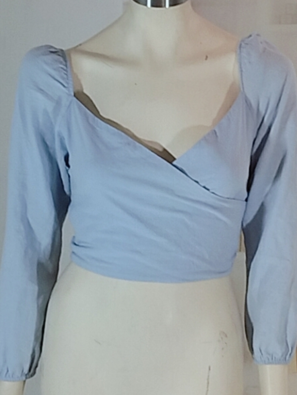 SHEIN Pastel Blue Wrap Crop Top with Puff Sleeves